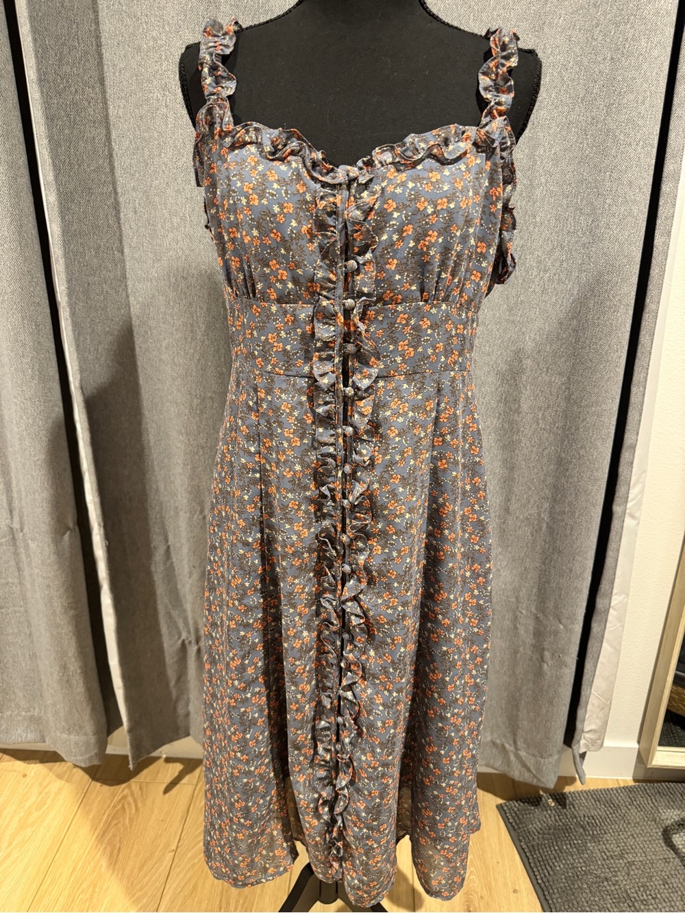 Astr Blue Midi Dress with Orange Floral Print